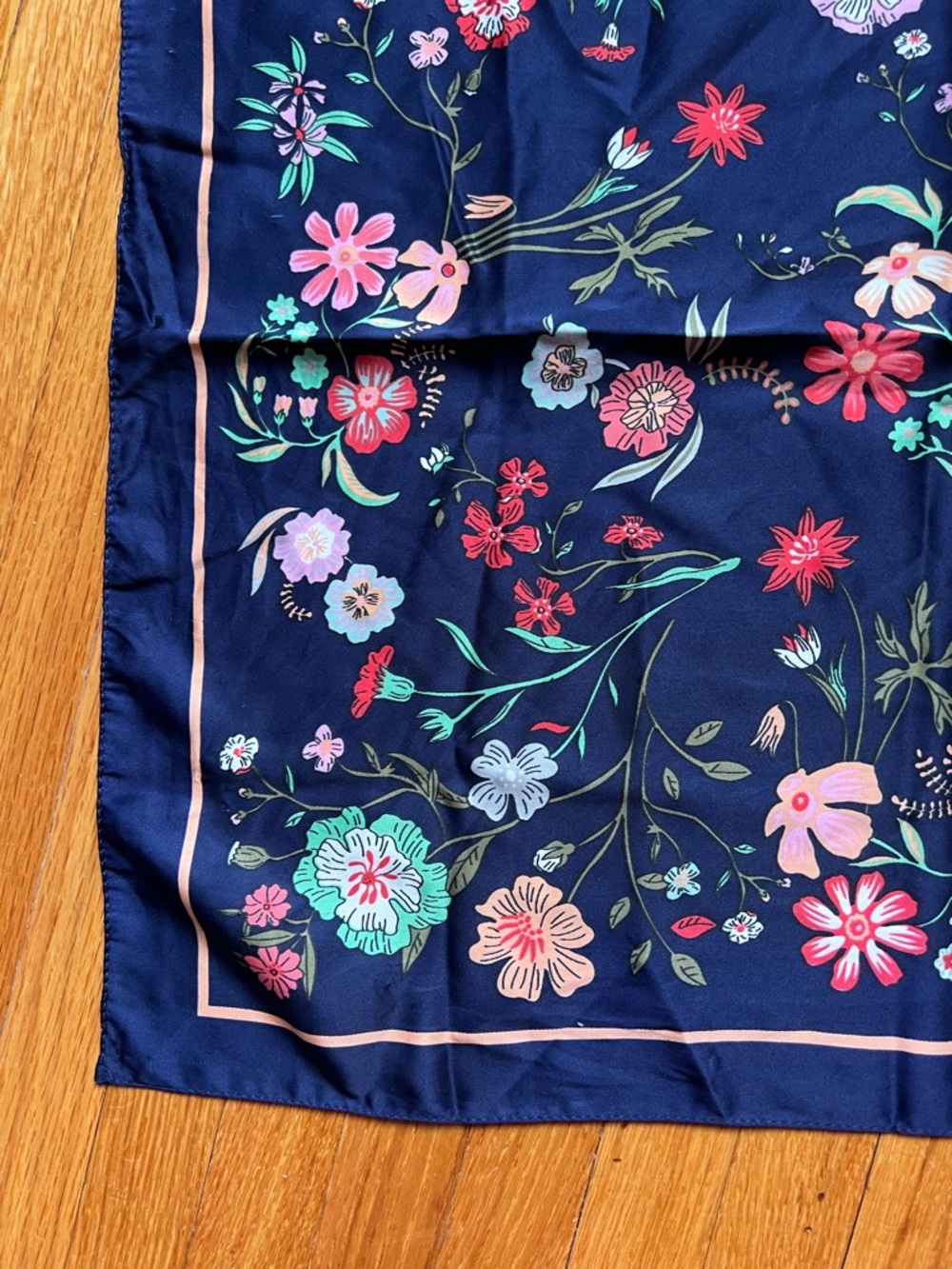 Koton Navy Floral Silk Like Scarf with Pink & Teal Flowers